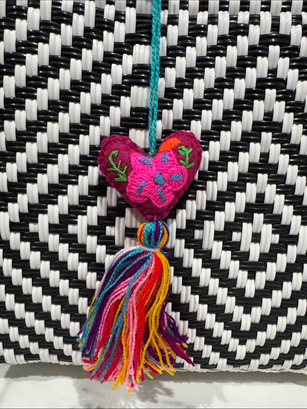 Magenta Heart Tassel purse/bag Hanging Accent with Multicolor Threads